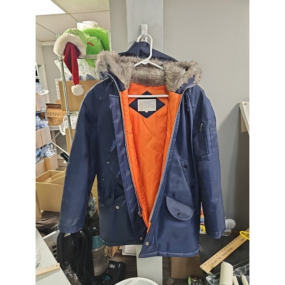 Vintage Blue Faux Fur Hood Coat‎ Jacket 100% Nylon Rubberized Backing Zip Sz L